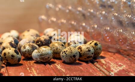 Quail eggs. Culinary delicacy. Aphrodisiac food. In Japanese cuisine, they are sometimes used raw or cooked as tamago in sushi and are often found at Stock Photo