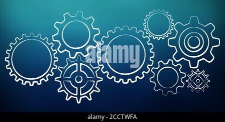 Hand-drawn gears sketch on blue background Stock Photo