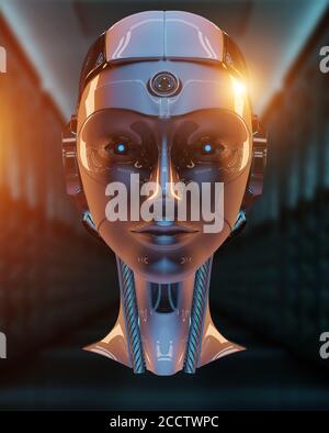 Cyborg head artificial intelligence isolated on blue background 3D rendering Stock Photo