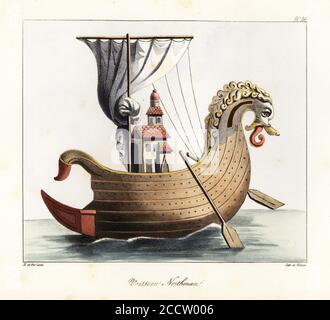 Norman ship with carved animal figurehead on the bow, striped sail, oars, church-like forecastle on the deck, 11th century. Vaisseau Northman. Similar to an engraving of an Anglo-Saxon ship in Robert von Spalart's Historical Picture of the Costumes of the Principal People of Antiquity. Handcoloured lithograph by Villain after an illustration by Horace de Viel-Castel from his Collection des costumes, armes et meubles pour servir à l'histoire de la France (Collection of costumes, weapons and furniture to be used in the history of France), Treuttel & Wurtz, Bossange, 1827. Stock Photo
