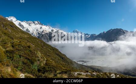 Panorama of Mt. Cook National Park from Mueller Hut route, view on Mount Aoraki/Cook, South Island/New Zealand Stock Photo