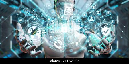 White man robot on blurred background using cyber security data interface 3D rendering Stock Photo