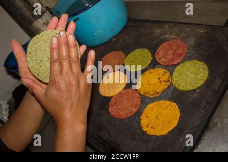 Woman´s hands making colorful corn tortillas, mixed with broccoli, beet and carrot Stock Photo