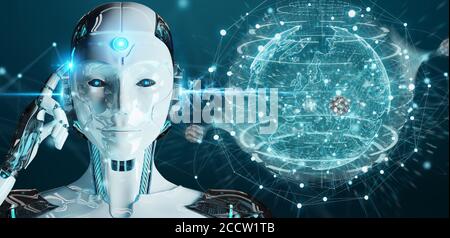 White woman cyborg on blurred background using planet Earth interface 3D rendering Stock Photo