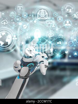 White robot hand on blurred background using cyber security data interface 3D rendering Stock Photo