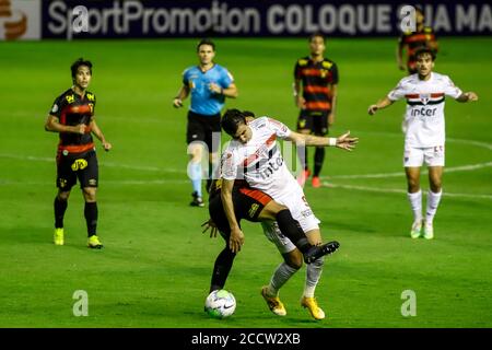 23rd August 2020; Estadio Ilha do Retiro, Recife, Pernambuco, Brazil; Brazilian Serie A, Sport Recife versus Sao Paulo; Pablo of Sao Paulo is fouled from behind Stock Photo