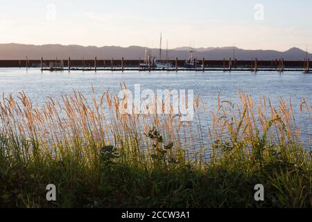 Sunset over the Columbia river in Astoria, Oregon, USA. Stock Photo