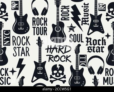 Trendy musical seamless pattern with guitars, skull and crossbones and other rock music symbols. Seamless rock music background Stock Vector