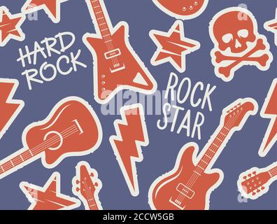 Trendy musical seamless pattern with guitars, skull and crossbones and other rock music symbols. Seamless rock music background Stock Vector