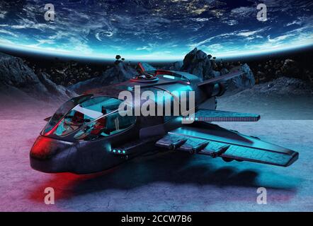 Black mettalic futuristic spacecraft on planet background 3D rendering ...