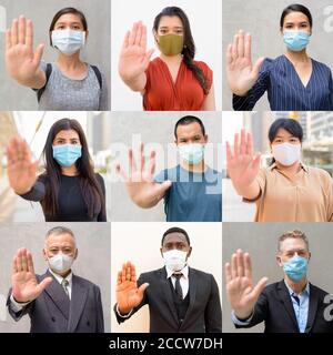 Covid-19 concept collage of people wearing protective facial mask and showing stop sign Stock Photo