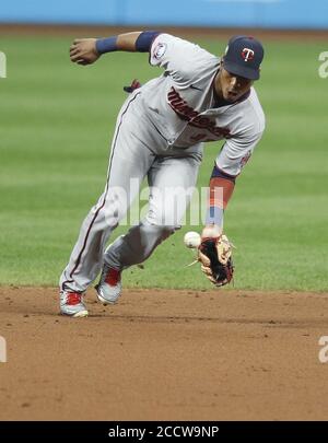 Cleveland, United States. 24th Aug, 2020. Minnesota Twins Jorge Polanco (11) misplays a ball in the fourth inning against the Cleveland Indians at Progressive Field in Cleveland, Ohio on Monday, August 24, 2020. Photo by Aaron Josefczyk/UPI Credit: UPI/Alamy Live News Stock Photo