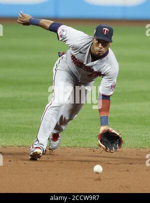 Cleveland, United States. 24th Aug, 2020. Minnesota Twins Jorge Polanco (11) looks to field a ball in the fourth inning against the Cleveland Indians at Progressive Field in Cleveland, Ohio on Monday, August 24, 2020. Photo by Aaron Josefczyk/UPI Credit: UPI/Alamy Live News Stock Photo