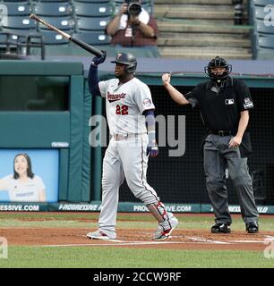 Cleveland, United States. 24th Aug, 2020. Minnesota Twins Miguel Sanó (22) throws his bat after striking out in the first inning against the Cleveland Indians at Progressive Field in Cleveland, Ohio on Monday, August 24, 2020. Photo by Aaron Josefczyk/UPI Credit: UPI/Alamy Live News Stock Photo