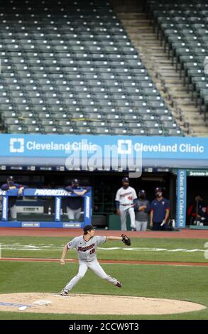 Cleveland, United States. 24th Aug, 2020. Minnesota Twins Kenta Maeda(18) pitches in front of empty stands during the first inning against the Cleveland Indians at Progressive Field in Cleveland, Ohio on Monday, August 24, 2020. Photo by Aaron Josefczyk/UPI Credit: UPI/Alamy Live News Stock Photo