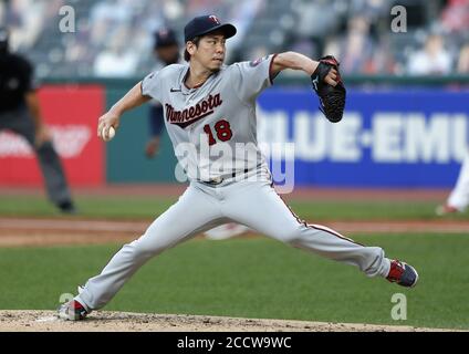 Cleveland, United States. 24th Aug, 2020. Minnesota Twins Kenta Maeda(18) pitches during the second inning against the Cleveland Indians at Progressive Field in Cleveland, Ohio on Monday, August 24, 2020. Photo by Aaron Josefczyk/UPI Credit: UPI/Alamy Live News Stock Photo