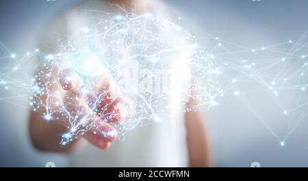 Businessman using digital x-ray human brain interface with cell and neurons activity 3D rendering Stock Photo