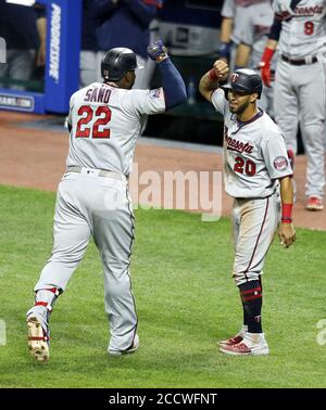 Cleveland, United States. 24th Aug, 2020. Minnesota Twins Miguel Sanó (22) celebrates with Eddie Rosario after hitting a two run home run in the sixth inning against the Cleveland Indians at Progressive Field in Cleveland, Ohio on Monday, August 24, 2020. Photo by Aaron Josefczyk/UPI Credit: UPI/Alamy Live News Stock Photo