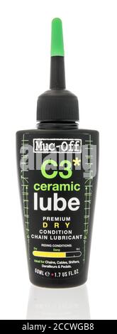Winneconne , WI - 9 August 2020:  A bottle of Muc off ceramic lube for bike chains on an isolated background. Stock Photo