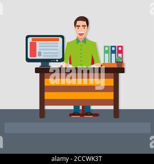 man employee sitting behind the desk vector illustration in flat style Stock Vector