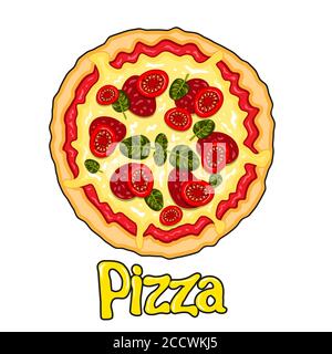 Cartoon pizza round with tomatoes sausage cheese on a white isolated background. Vector image Stock Vector
