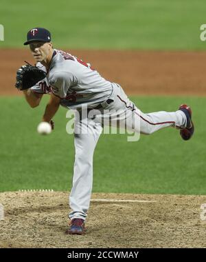 Cleveland, United States. 24th Aug, 2020. Minnesota Twins Taylor Rogers (55) pitches during the ninth inning against the Cleveland Indians at Progressive Field in Cleveland, Ohio on Monday, August 24, 2020. Photo by Aaron Josefczyk/UPI Credit: UPI/Alamy Live News Stock Photo