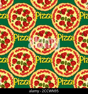 seamless pattern of pizza cartoon letters on a green background. Vector image Stock Vector