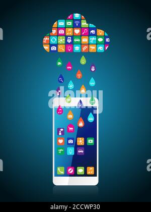 Rain from mobile apps: the application downloaded and installed to smartphone from the cloud Stock Vector