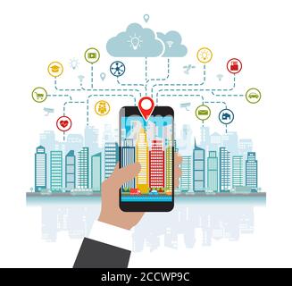 Smartphone in hand helps to focus in a smart city with advanced smart services, and augmented reality, social networking, location in the city Stock Vector