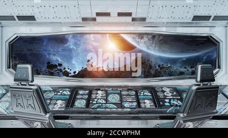 White clean spaceship interior with view on distant planets system 3D rendering elements of this image furnished by NASA