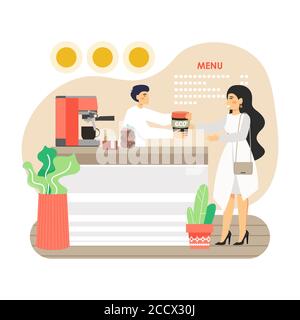 Woman, ecologist buying coffee in her own reusable cup in eco friendly coffee shop, flat vector illustration Stock Vector