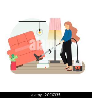 Young woman cleaning living room with vacuum and floor cleaner, flat vector illustration. Home cleaning services. Stock Vector