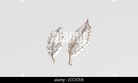 LEAVES from a perspective on the wall A thick sculpture made of metallic materials of 3D rendering, 3D illustration Stock Photo