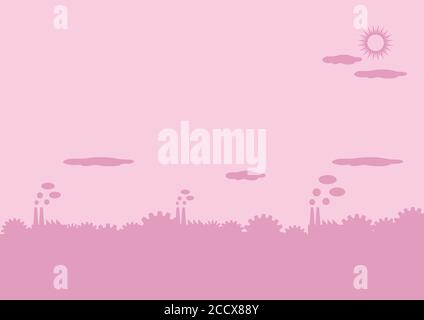 Vector background on industrial theme with silhouette of factories, smoke chimney, cogs, etc. in pink with copy space. Stock Vector