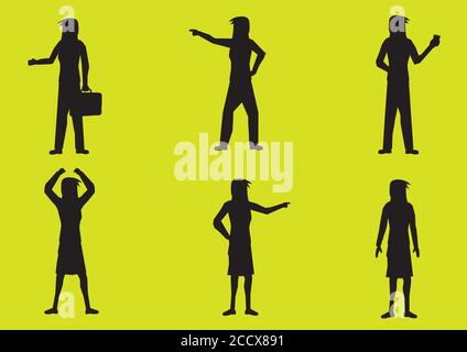 Set of six vector illustrations of silhouettes of woman cartoon character in various gestures in black isolated on fluorescent lemon-lime color  backg Stock Vector