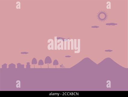 Scenery of airplane flying over hills and small town on a sunny day. Vector background illustration in two colors. Stock Vector
