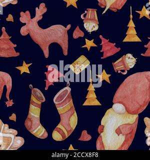 Seamless patterns. Magic and cute gnome. Decorative elements for Christmas and New Year - deer and fir-trees, staples and a cup of sweets on a dark Stock Photo