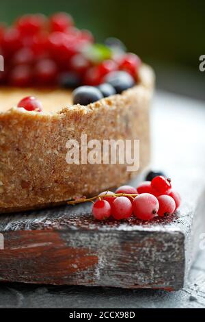 Cheesecake cake with berries. Cake with delicate curd and dough base.  Stock Photo