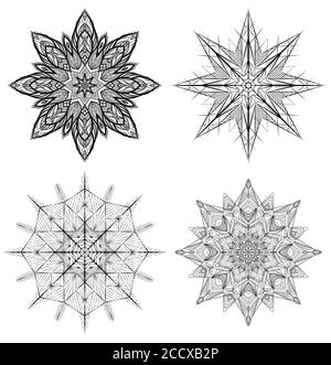 Set of outline illustrations of snowflakes. Vector mandalas for invitations, cards and your creativity Stock Vector