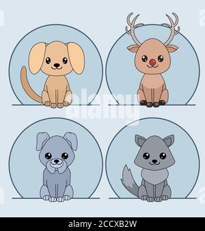 Set of cute linear cartoon dogs and deer. Vector element for your creativity Stock Vector