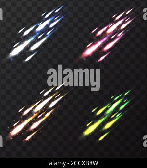 Set of multicolored falling stars. Fireworks on a transparent background. Vector element for your creativity Stock Vector