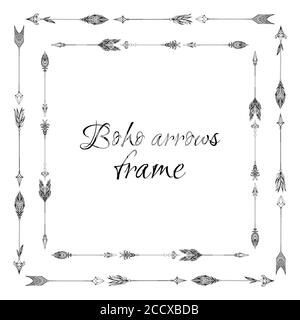 Set of square frames with a boho arrows with different tips and plumage. Vector doodle element for invitations, cards and your creativity Stock Vector