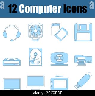 Computer Icon Set. Thin Line With Blue Fill Design. Vector Illustration. Stock Vector