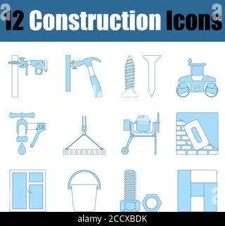 Construction Icon Set. Thin Line With Blue Fill Design. Vector Illustration. Stock Vector