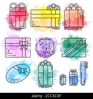 Set of linear icons of festive gifts of various shapes with watercolor splashes. Vector element for your design Stock Vector