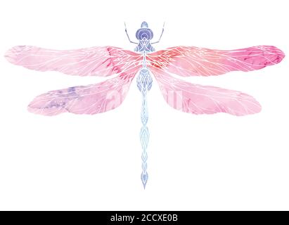 Watercolor illustration of dragonfly with boho pattern. Vector element for your creativity Stock Vector