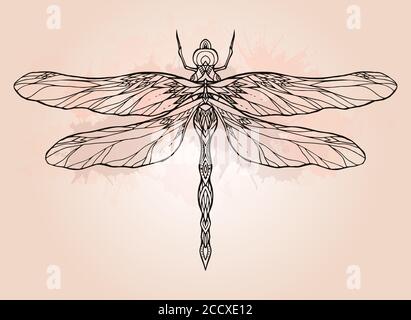 Black and white dragonfly illustration with boho pattern and watercolor splash. Vector element for sketching tattoos, printing on T-shirts, postcards Stock Vector