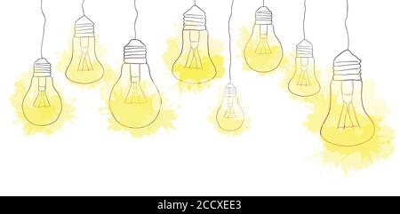 Linear illustration of hanging light bulbs with watercolor splashes. Border. Vector element for your creativity Stock Vector