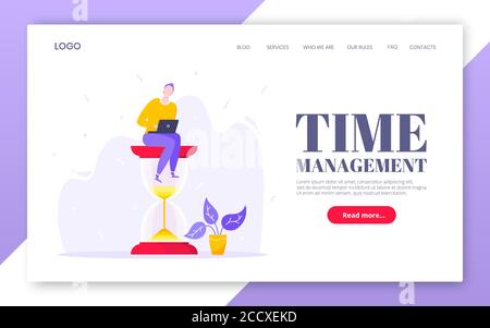 Time management business concept with tiny person sitting on giant hourglass symbol and working on his laptop. Stock Vector