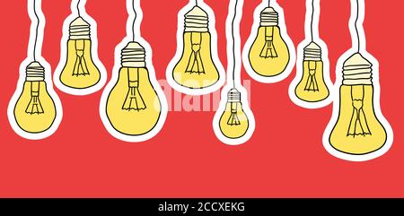 Linear illustration of cartoon hanging light bulbs on red background. Border. Vector element for your creativity Stock Vector